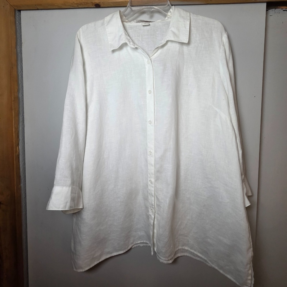 Coldwater Creek Women's Linen Button Down Top White Size XL Coastal Old Money